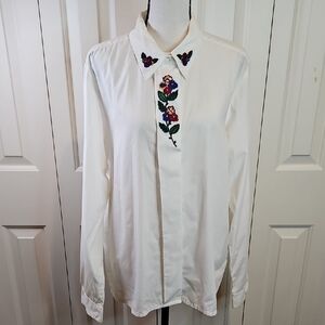 Vintage WITR Embroidered Floral White Blouse Button Down 16 Floral Top